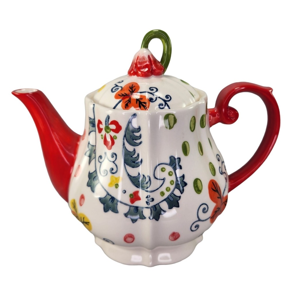 Pier 1 One Import Paisley Teapot Flowers Spring Handpainted Ceramic Tea Pot READ